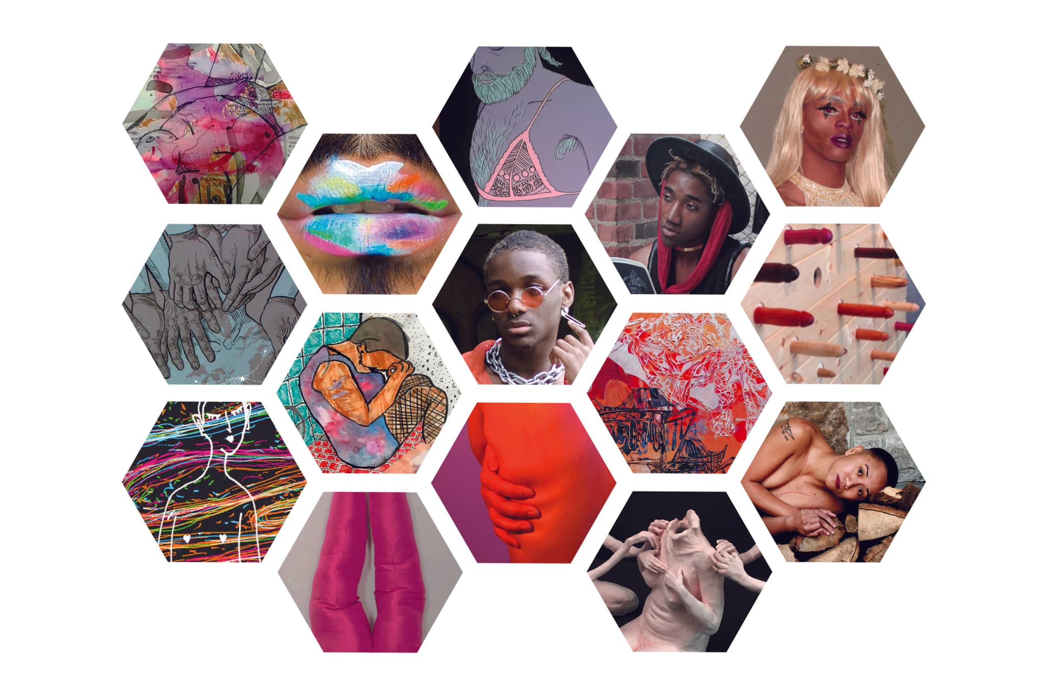 A colorful group of hexagons with each featured artist's face or work in a hexagon.