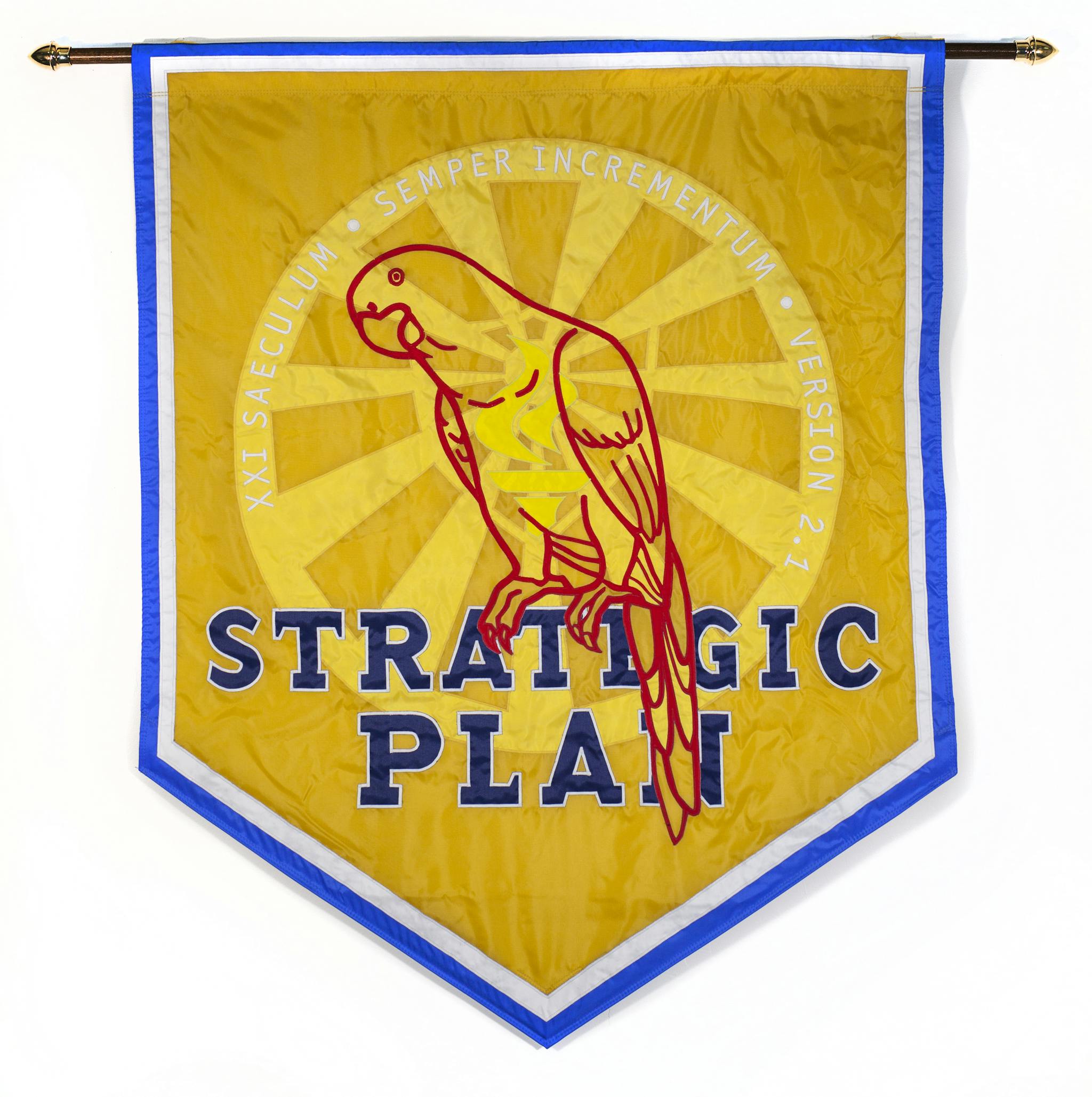 Image of one of Chantal Zakari's flags with a yellow background, blue trim, and a bird outlined in red at the foreground.