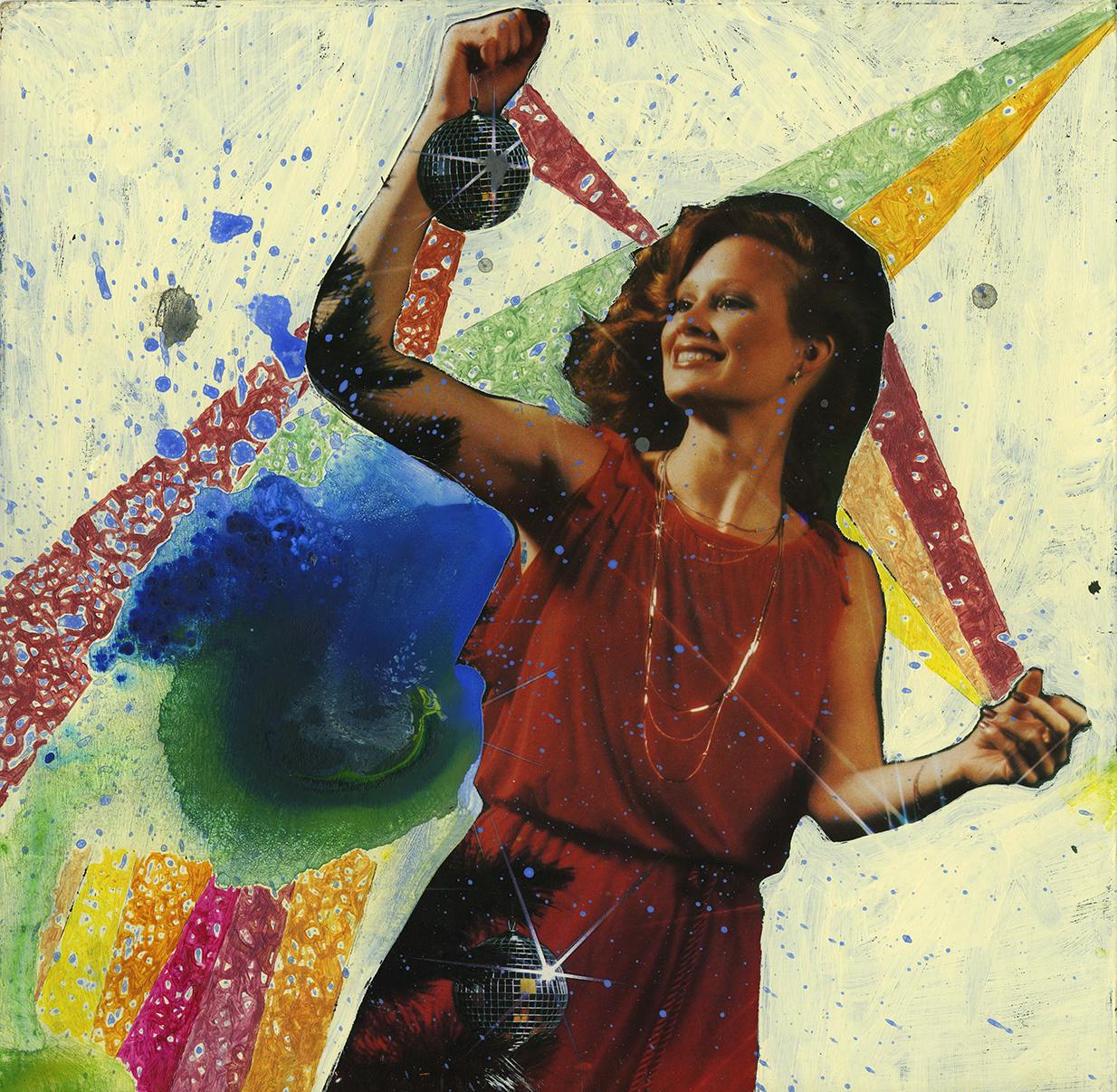 Image of one of Solei's colorful works. A woman in red holds up a small disco ball, and the background is splattered and diluted paint in the form of puddles, lines, and specks against a cream-over-blue layer.