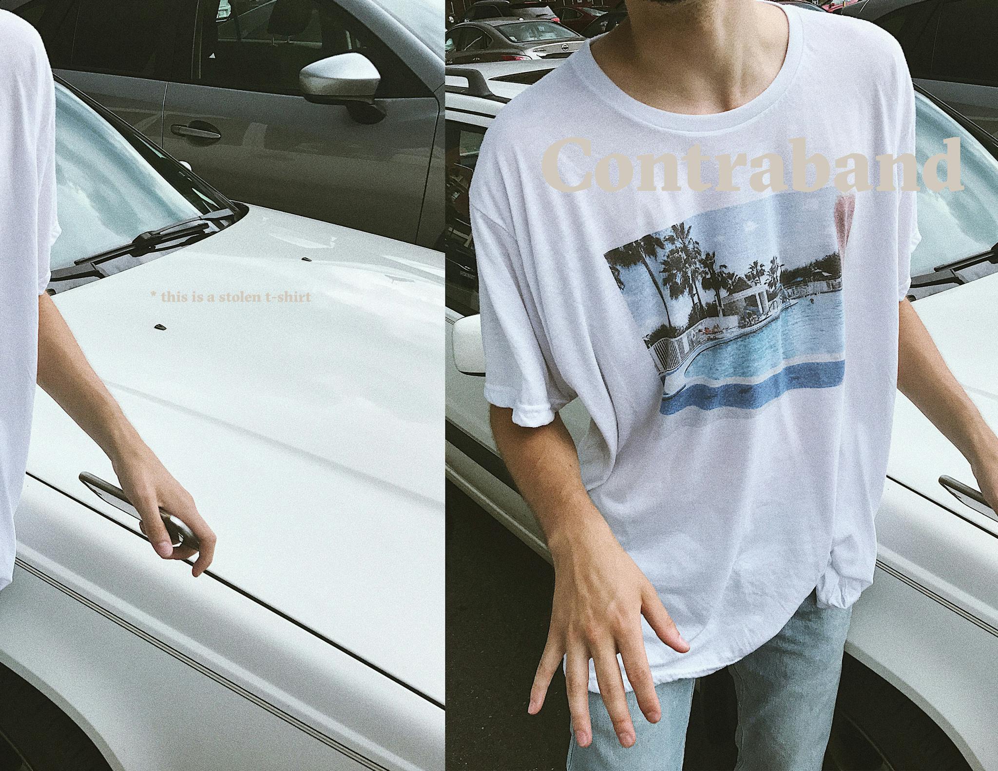 Two side-by-side photographs join together to make one image, with small text saying "this is a stolen t-shirt" on the left side and larger text saying "Contraband" on the right. A white car is in the background of both images, with a person wearing a t-shirt in the foreground. The person is on the edge of the frame in the image to the left, and at the center of the frame in the image to the right.