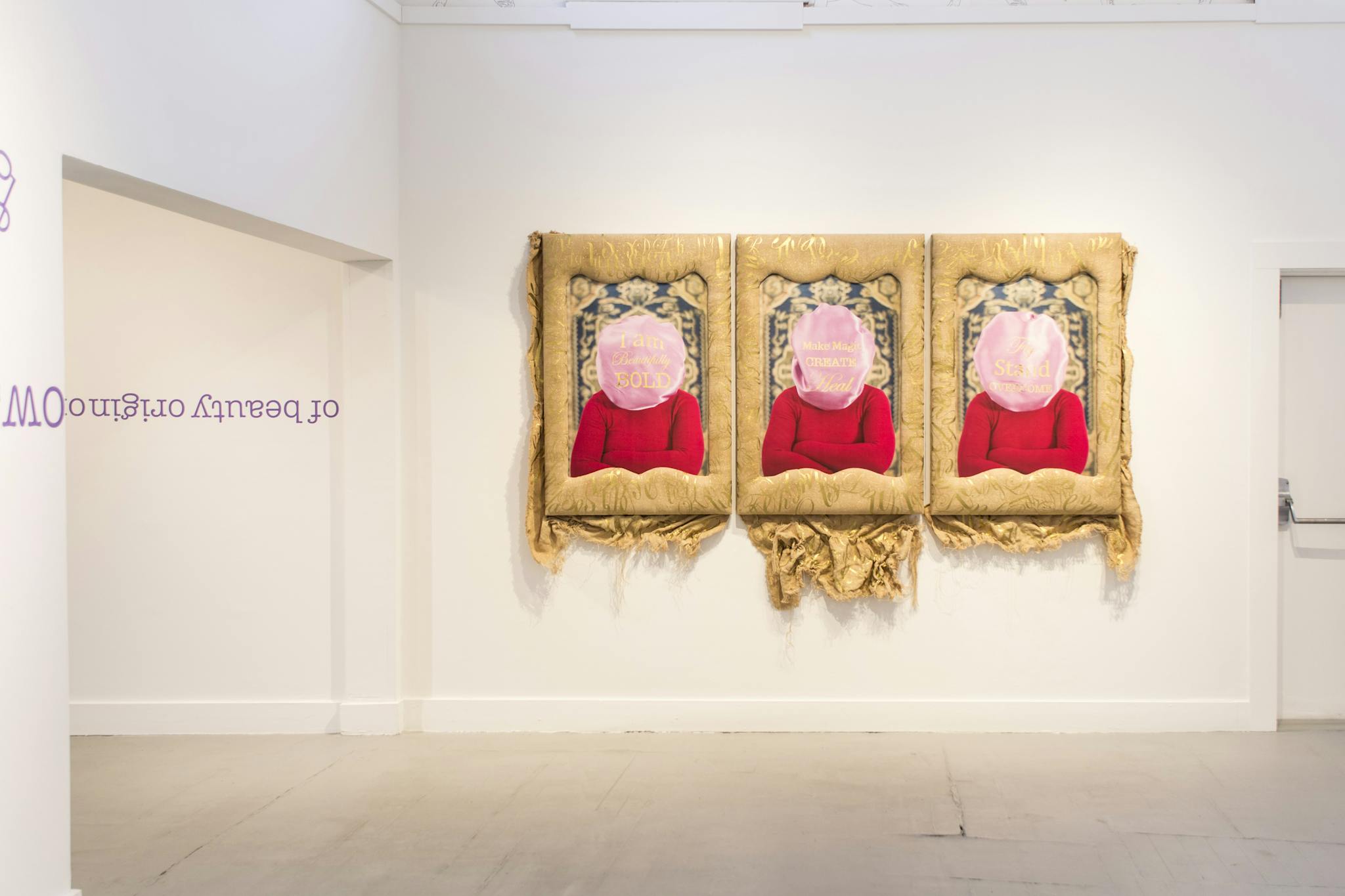 Three artworks display torsos of figures, their faces covered by pink shapes displaying text.