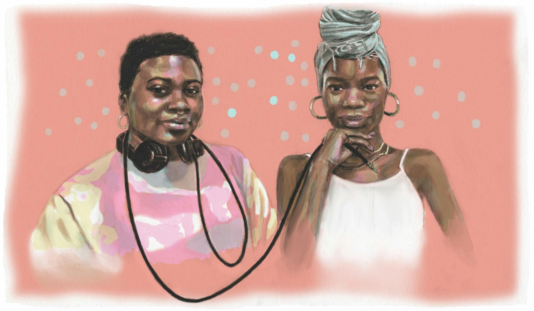 An illustration of two figures, connected by the cord from one individual's headphones.