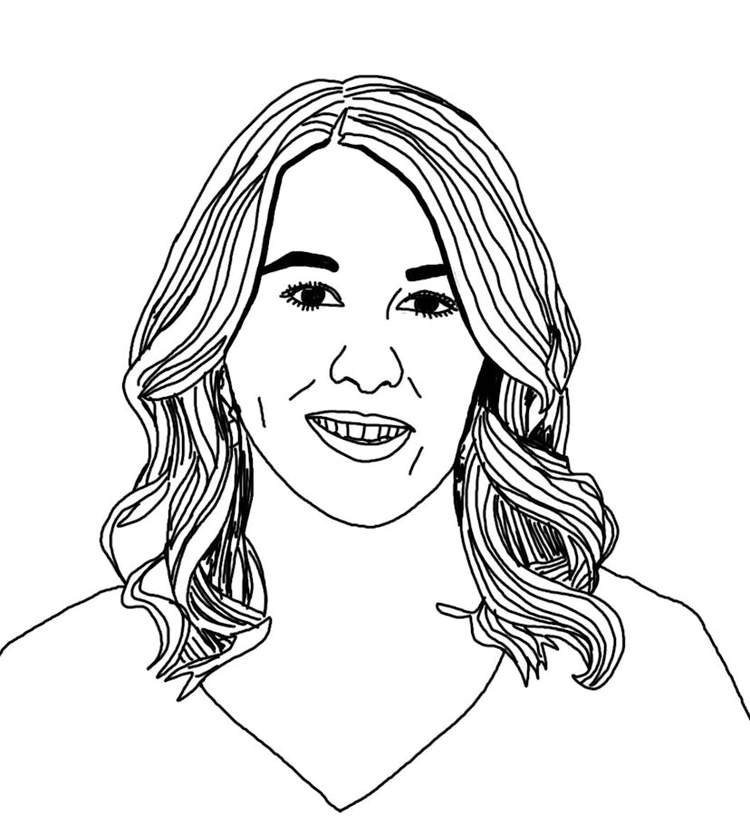 A black and white drawing of Karolina Hac, a woman with wavy shoulder-length hair, smiling at the viewer.