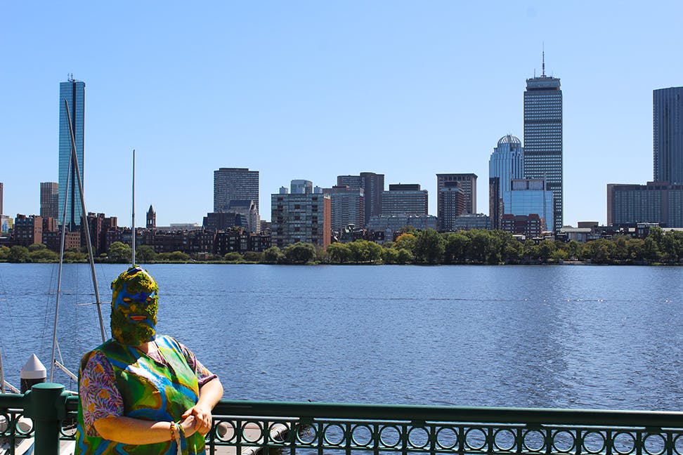Erin Genia is wearing a green and blue mask, standing in front of the water and a scene of city buildings.