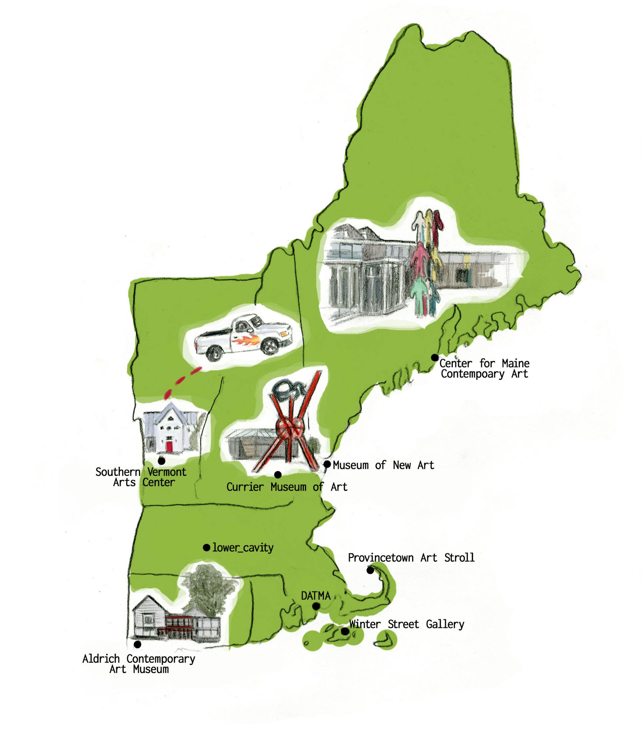 Illustration of New England with a green background and small illustrations of art destinations.