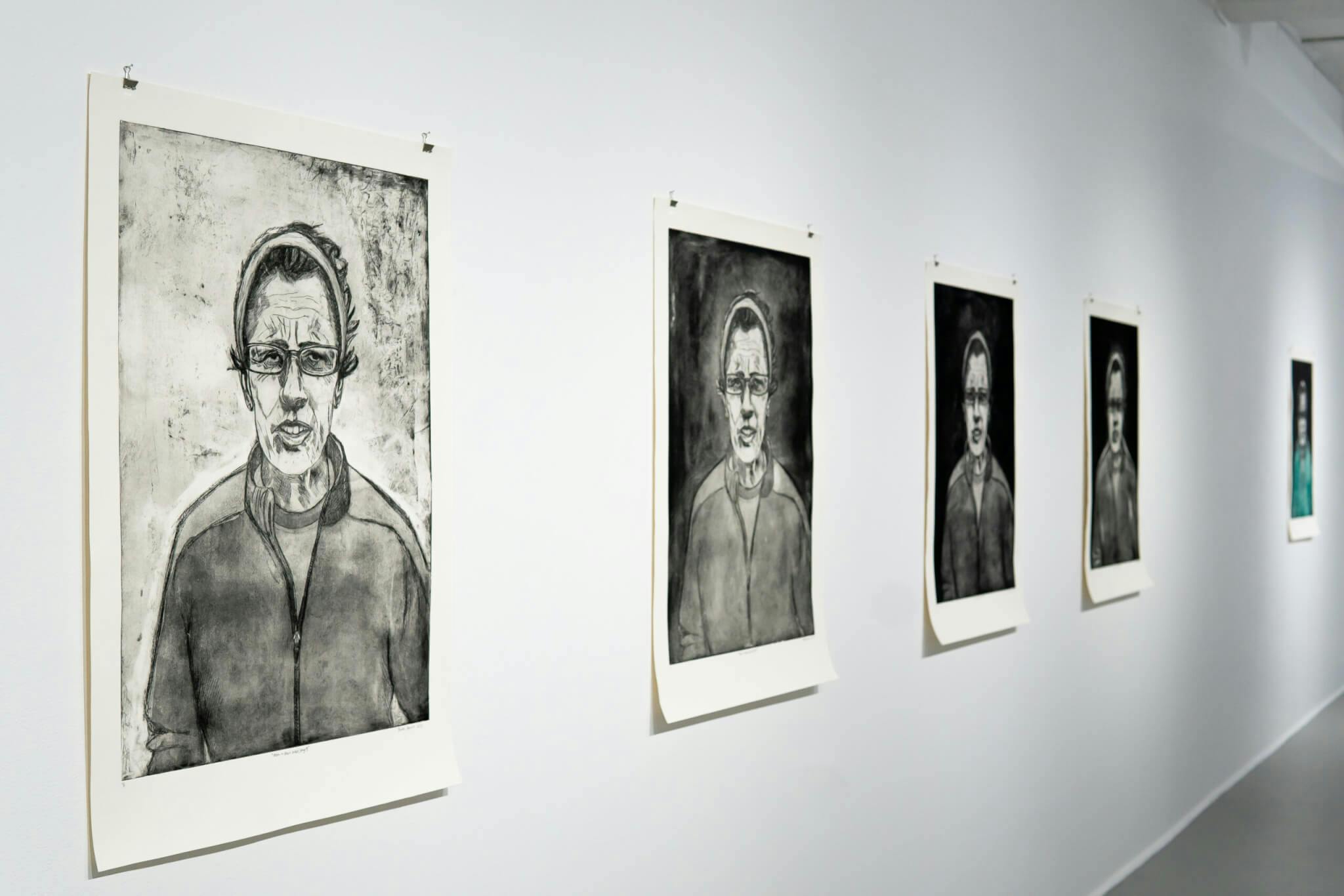 Installation view of "Mom in the Green Jacket" by Brooke Stewart, including works in progress.