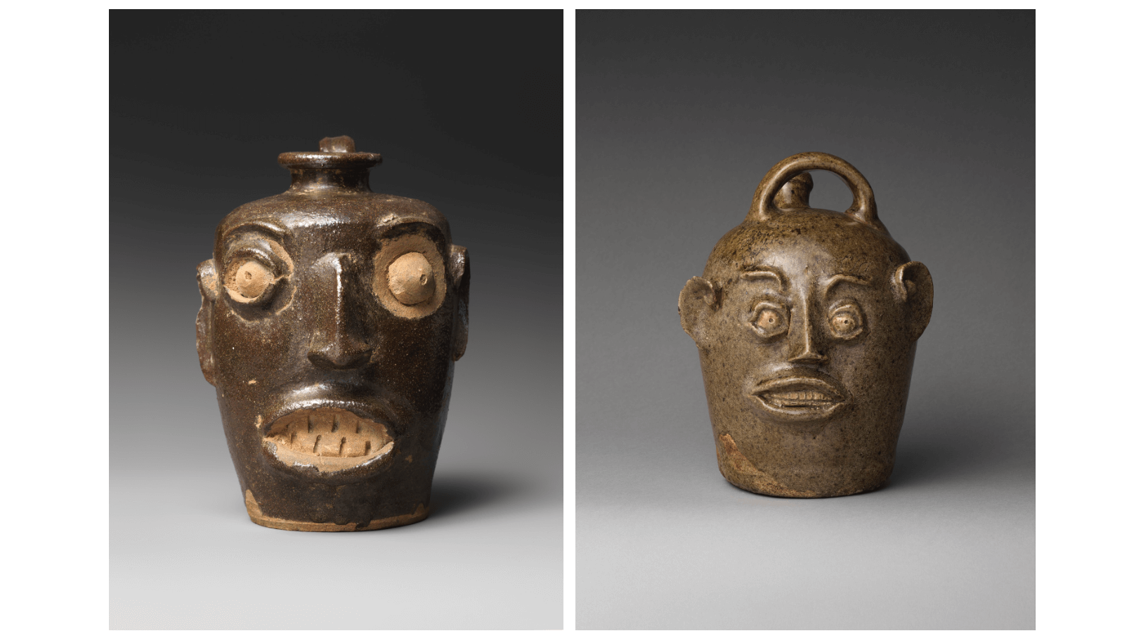 Image of a face vessel on the left and a face jug on the right