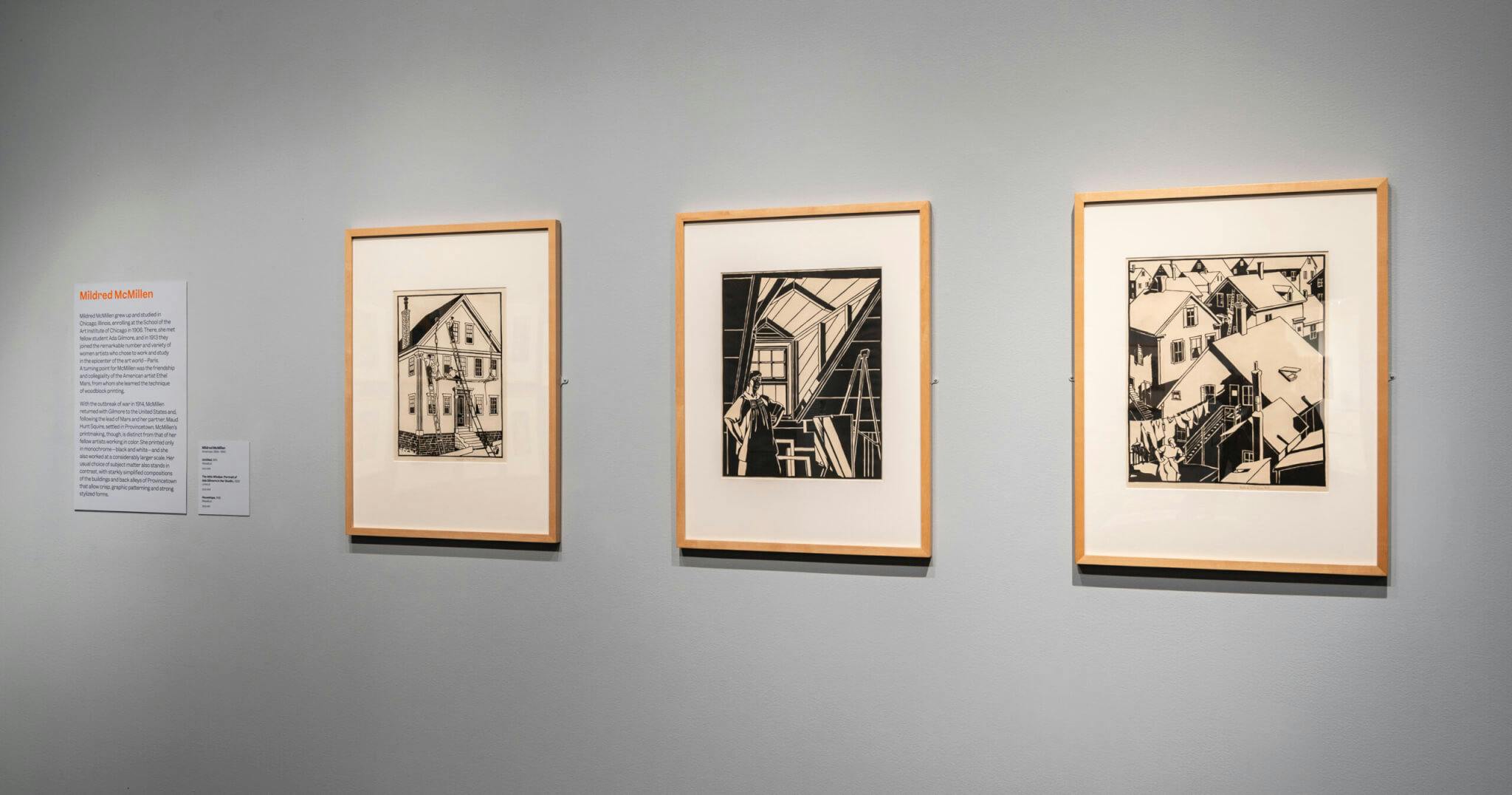 Installation view of "Provincetown Printmakers" at MFA, Boston, with three works by Mildred McMillen