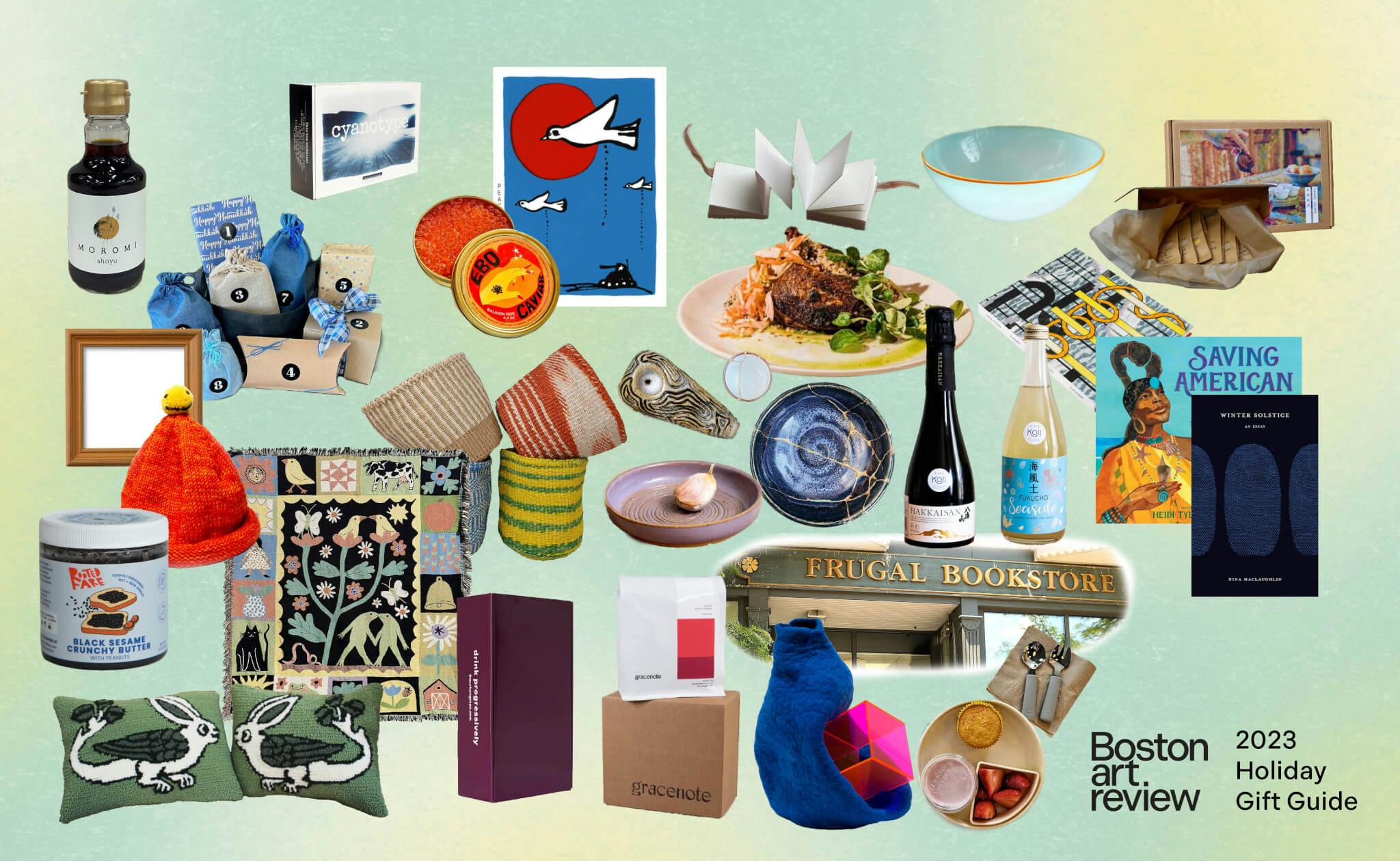 An assortment of holiday gifts to purchase, from sake to books.