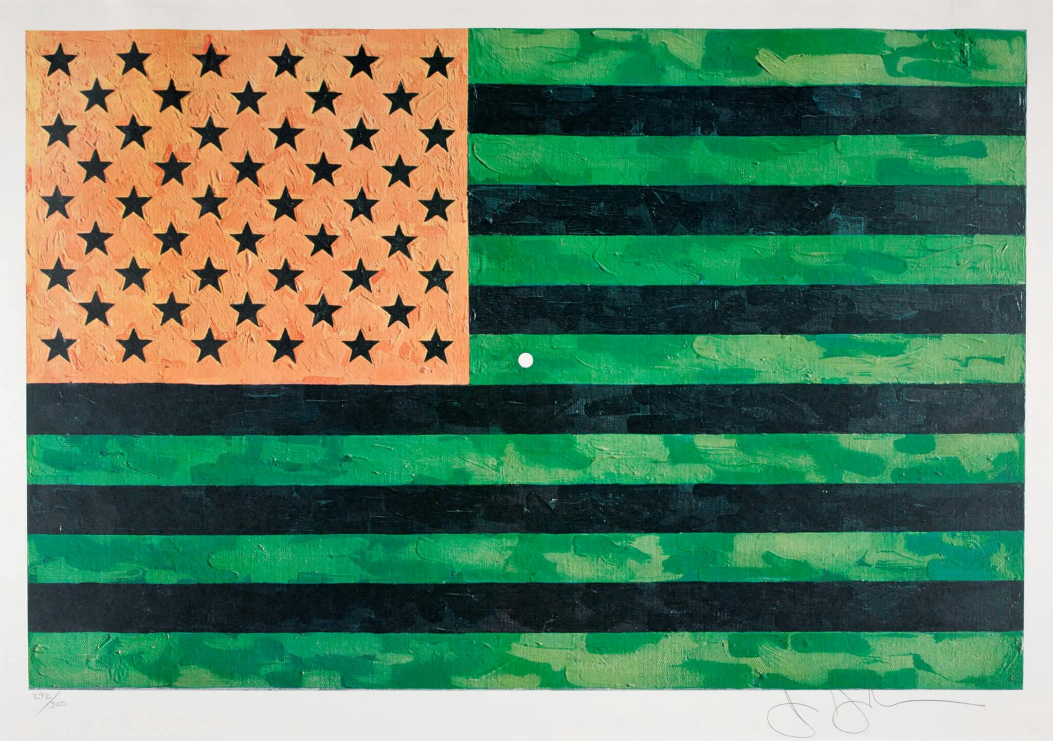 Image of an orange, green, and black version of the American flag.