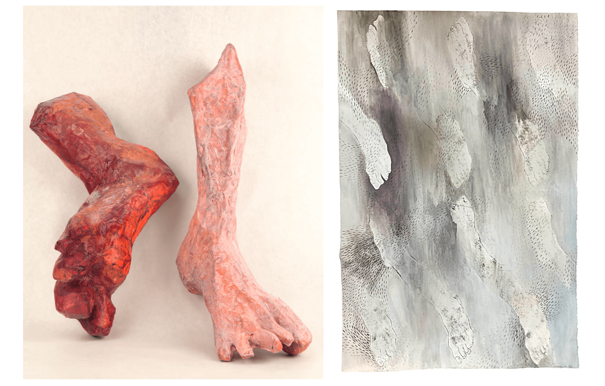 A juxtaposition between McAree's sculpture of two pink, disfigured feet to the left, and Batalian's black, white, and grey painting to the right.