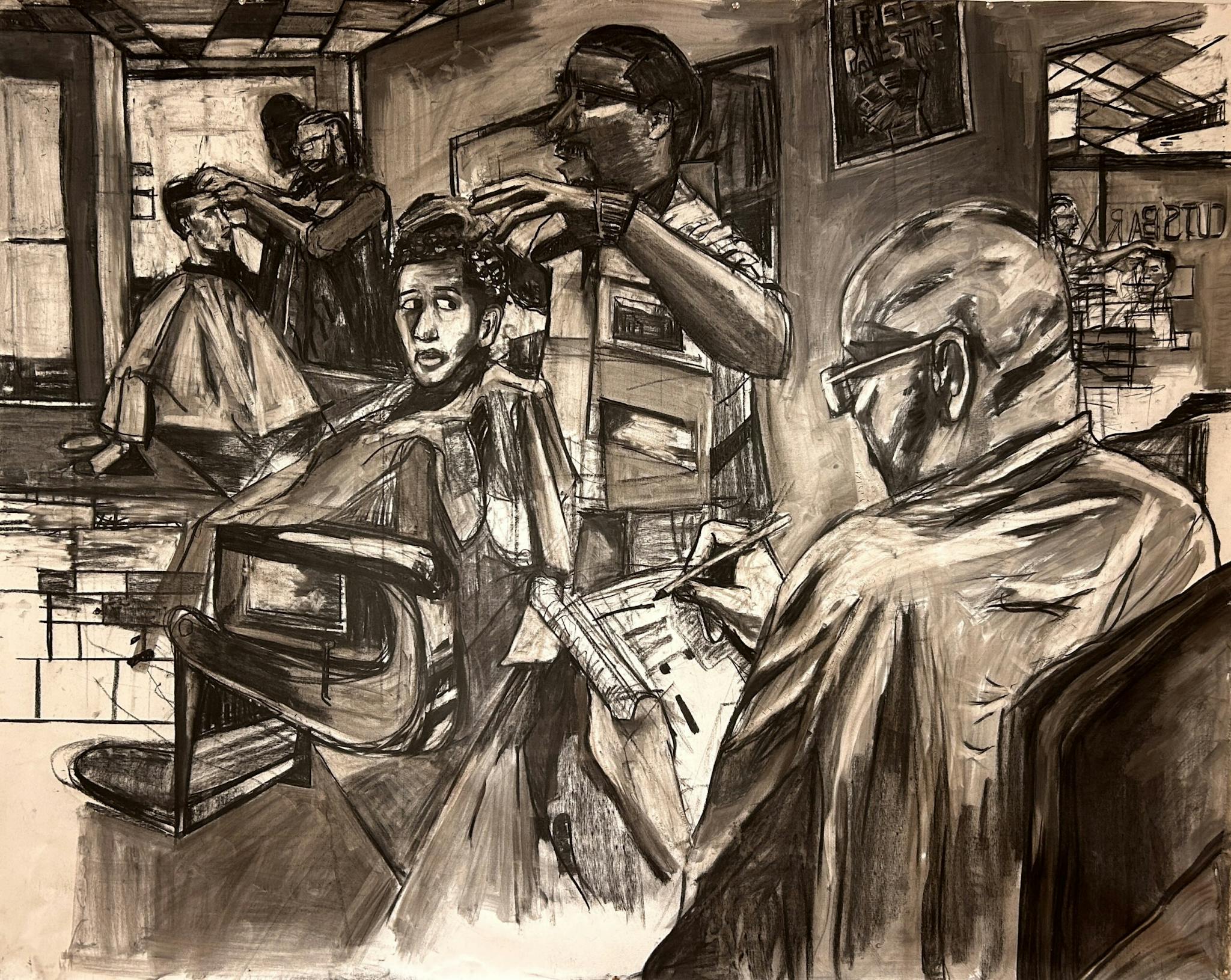 Charcoal drawing of a scene inside a barber's shop. A young man gets his hair cut while an older gentleman waits his turn.