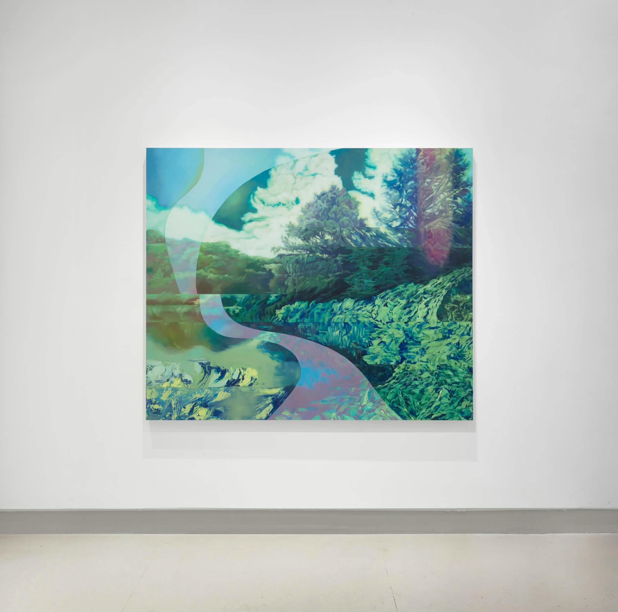 Installation view of a painting of a distorted path winding through the forest.
