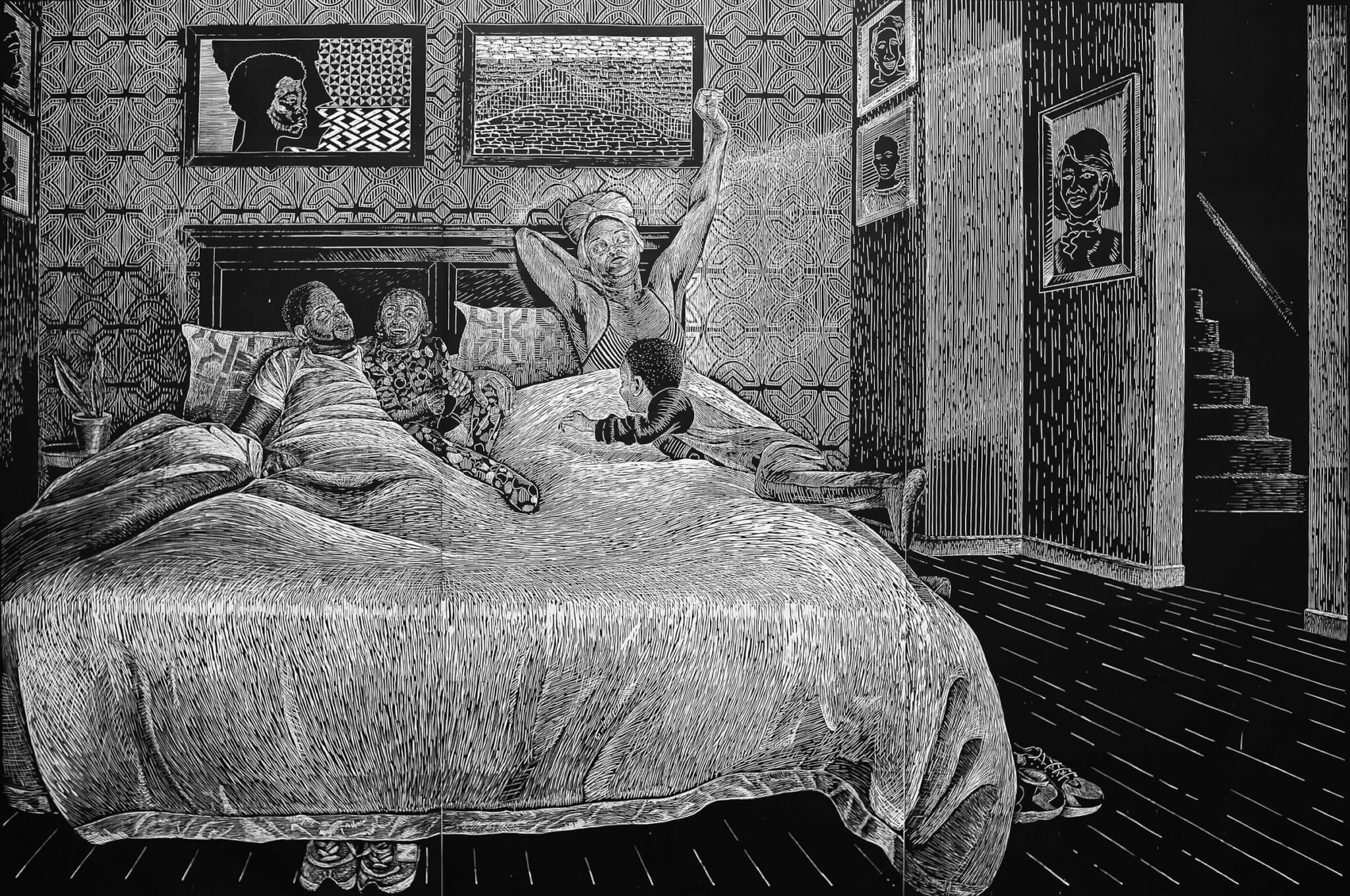 A black and white rendering of a bed with a mother, a father, and two children playing.