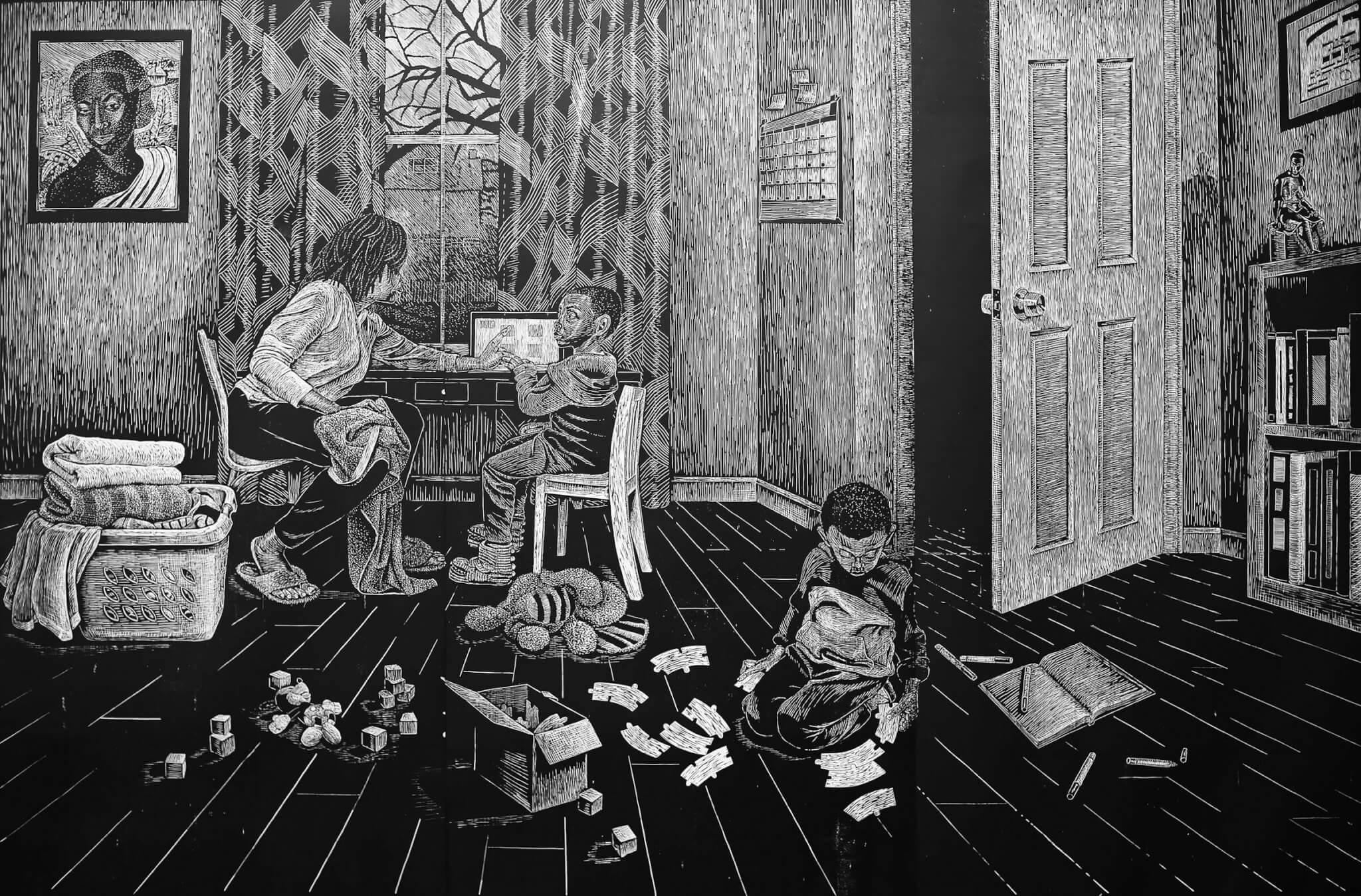 A black and white rendering of a woman in a room with two children. She's sitting at a table with one and the other is on the floor playing a game.