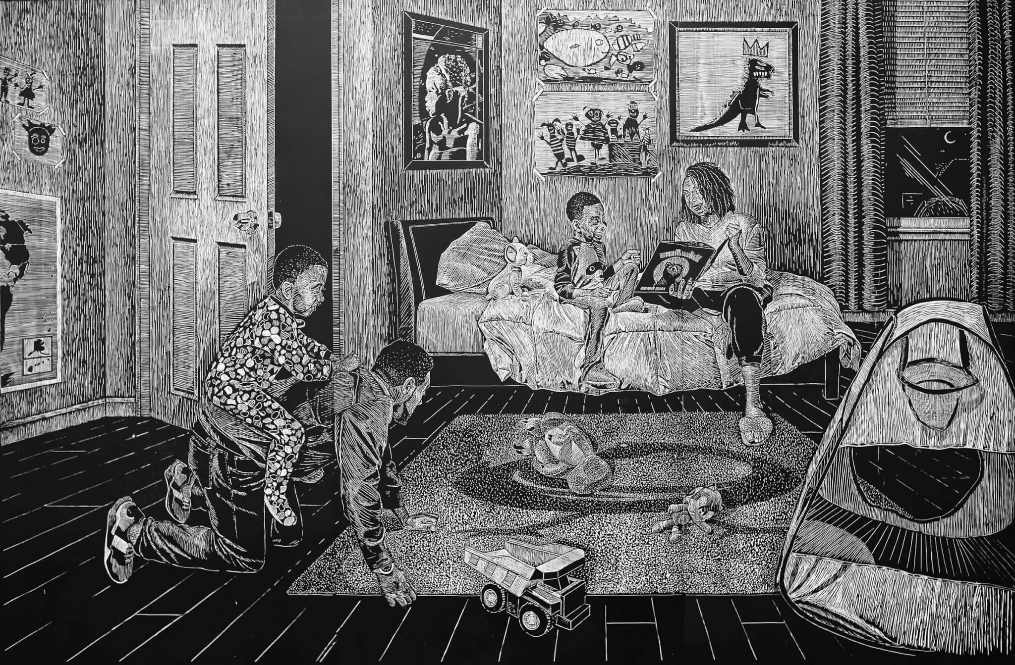 A black and white work of a child's room. In the foreground one child is riding on the back of his father and in the background the mother is reading to another child.