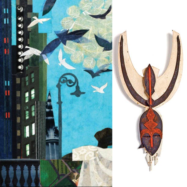 Side by side images of colorful artworks by Ekua Holmes and Vusumuzi Maduna.