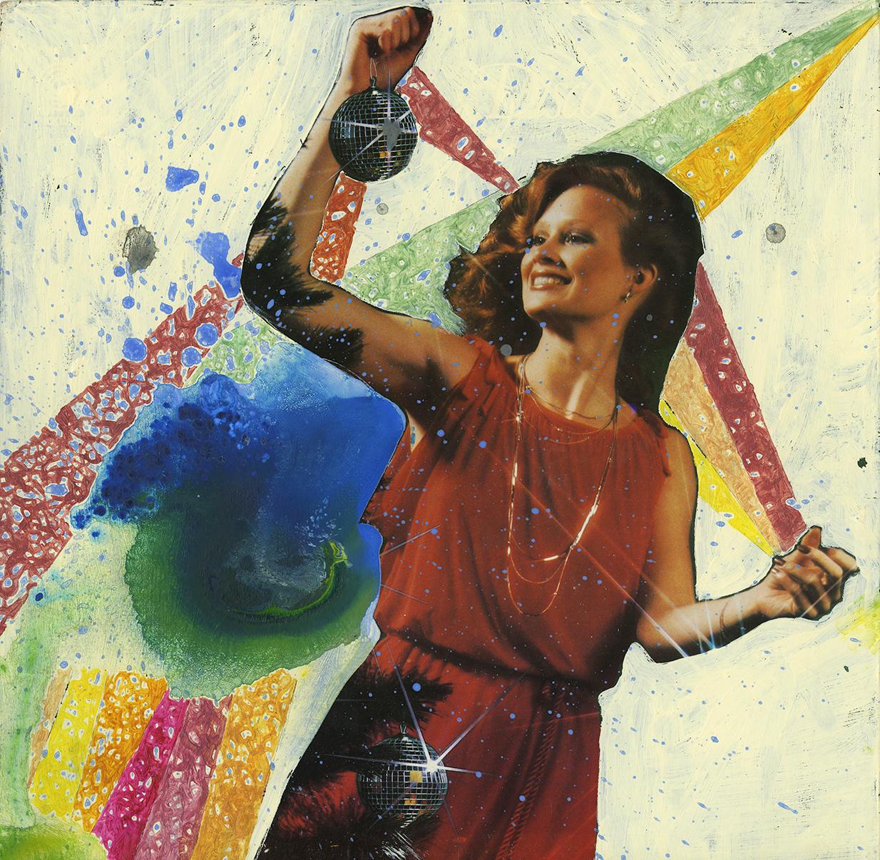 Image of one of Solei's colorful works. A woman in red holds up a small disco ball, and the background is splattered and diluted paint in the form of puddles, lines, and specks against a cream-over-blue layer.