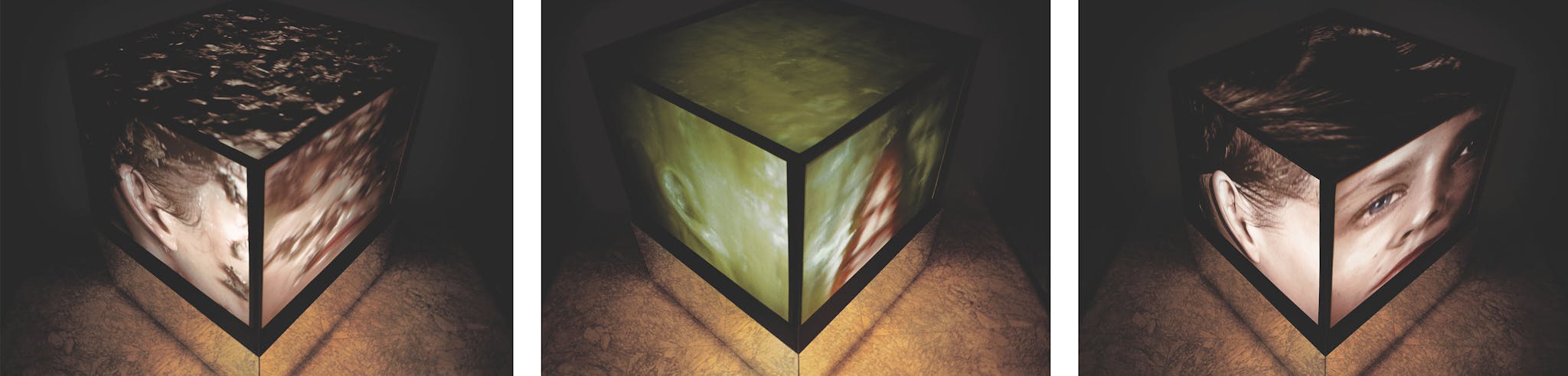 Three side-by-side images of a box with an image projected around all sides of each box.