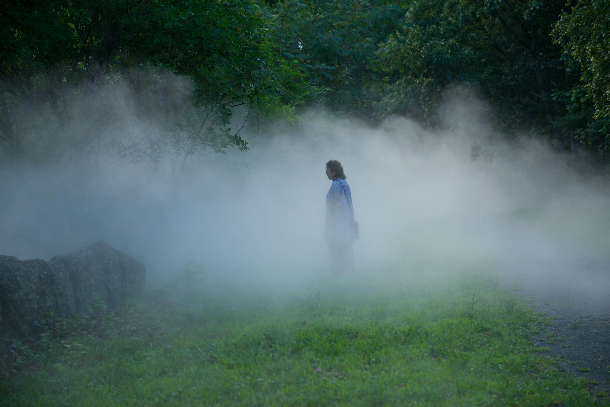 Fujiko Nakaya emerges in a scene of lush greenery and fog.