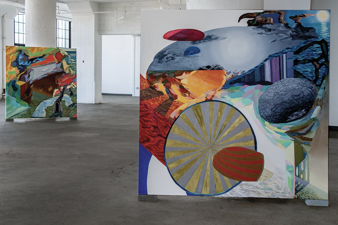 Colorful works by Christopher Schade represent passing islands.