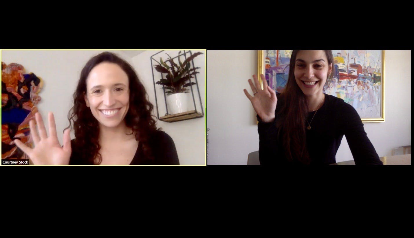 Rachel Kay and Courtney Stock wave to each other while on Zoom.
