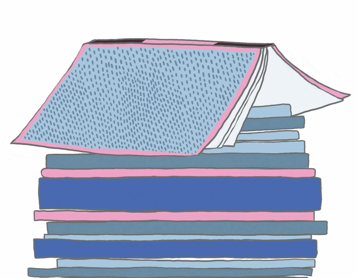 A stack of blue and pink magazines.