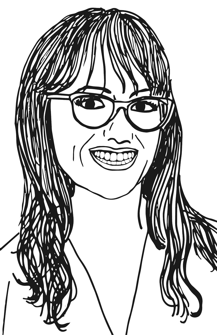 A black and white drawing of Jacqueline Houton smiling at the viewer in a three-quarter profile towards the right. She's wearing eyeglasses, and has bangs with long hair.