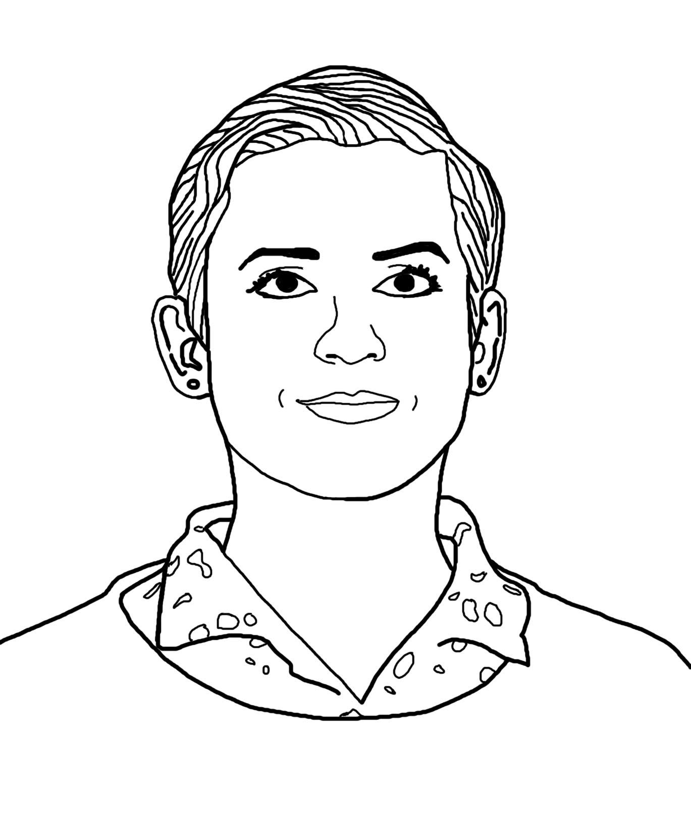 A black and white drawing of Kaitlyn Clark looking just above the viewer. She has short hair and is wearing a sweater with shirt collars poking out from beneath.