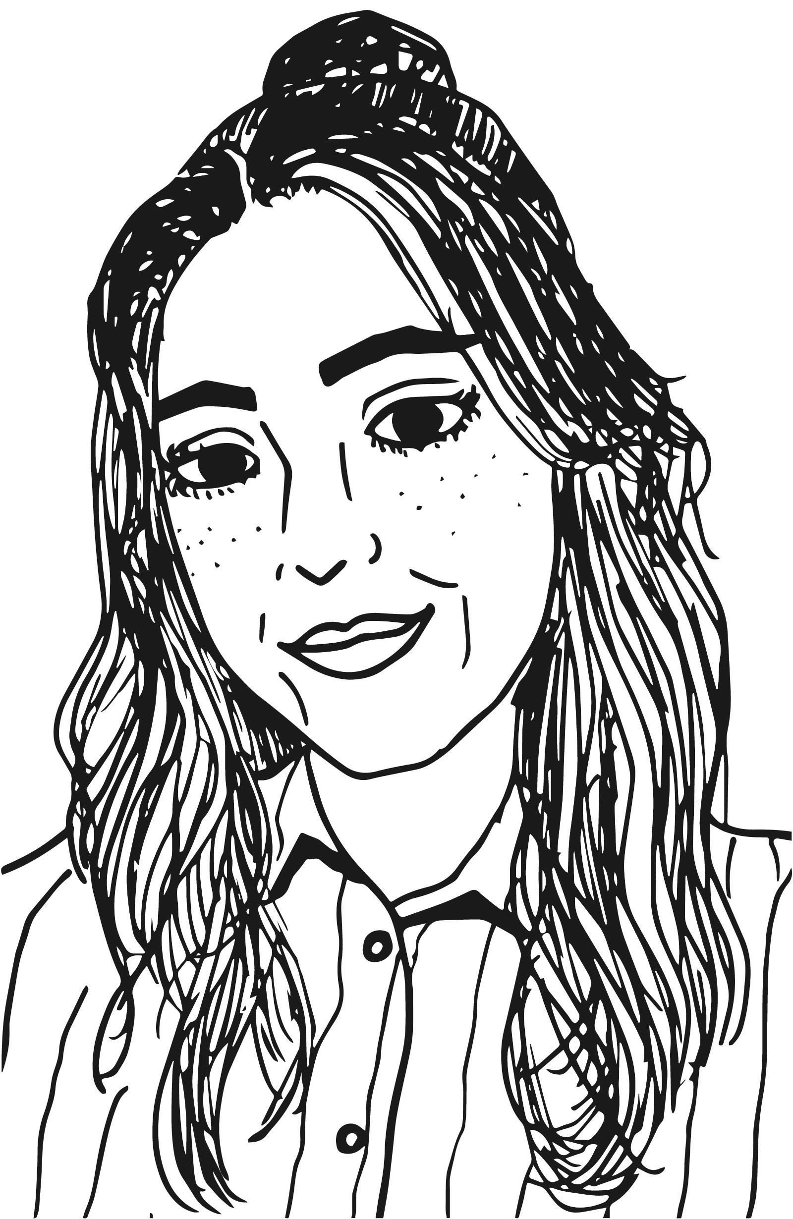 A black and white drawing of Juliana Sy softly smiling, with her head tilted to the left. Her hair is partly knotted into a bun and she wears a dress shirt with collars.