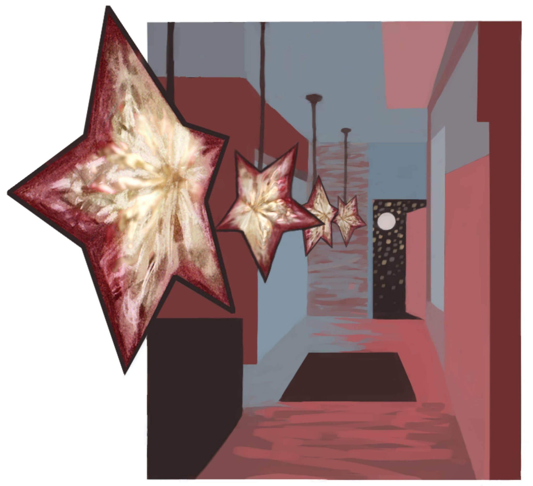 Stars hang overhead in a hallway, designed in red, gray/blue, and black tones.