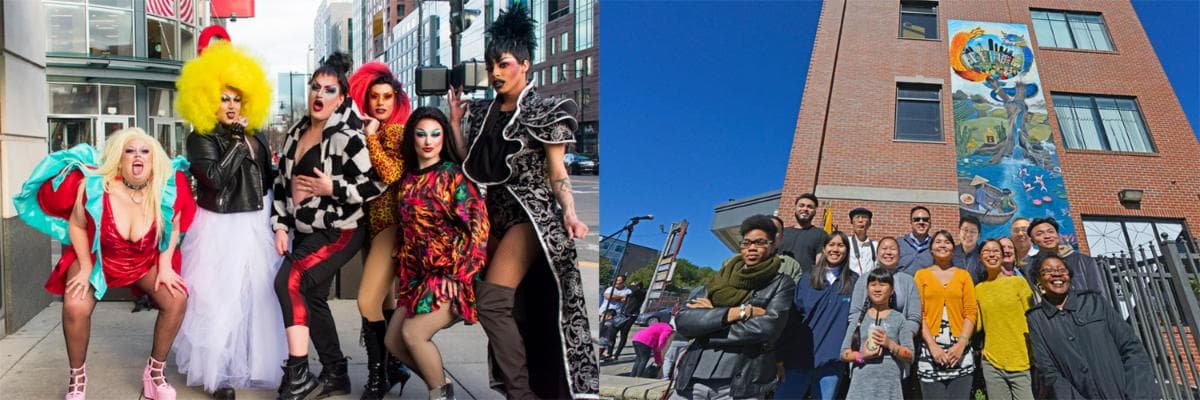 On the left, a group of people from Haus of Threes in costume, and on the right, a group stands in front of A Mural for the Vietnamese People by Ngoc-Tran Vu..