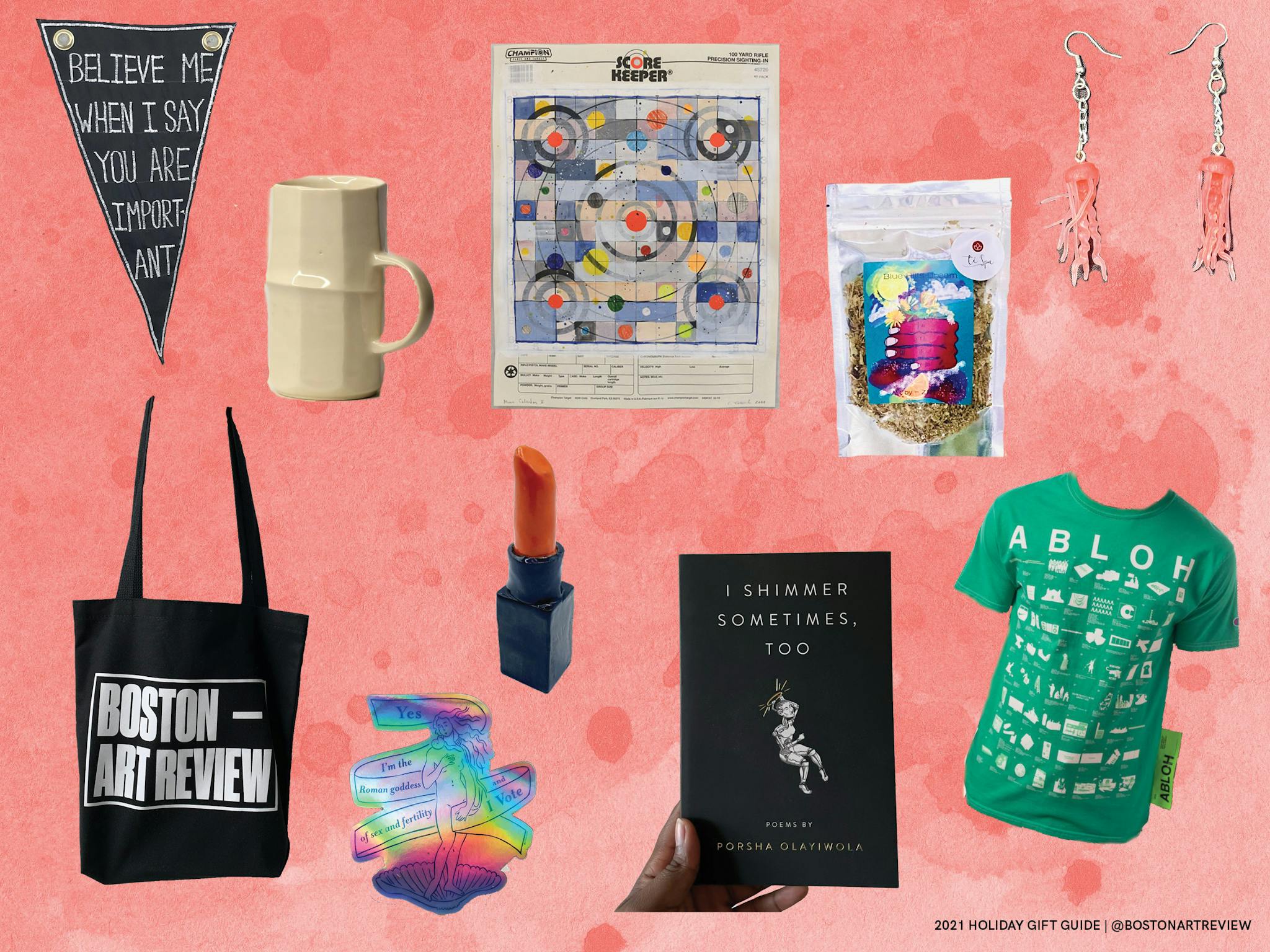 Gift ideas, including lipstick, a book, a bag, and apparel, featured against a rose colored background.