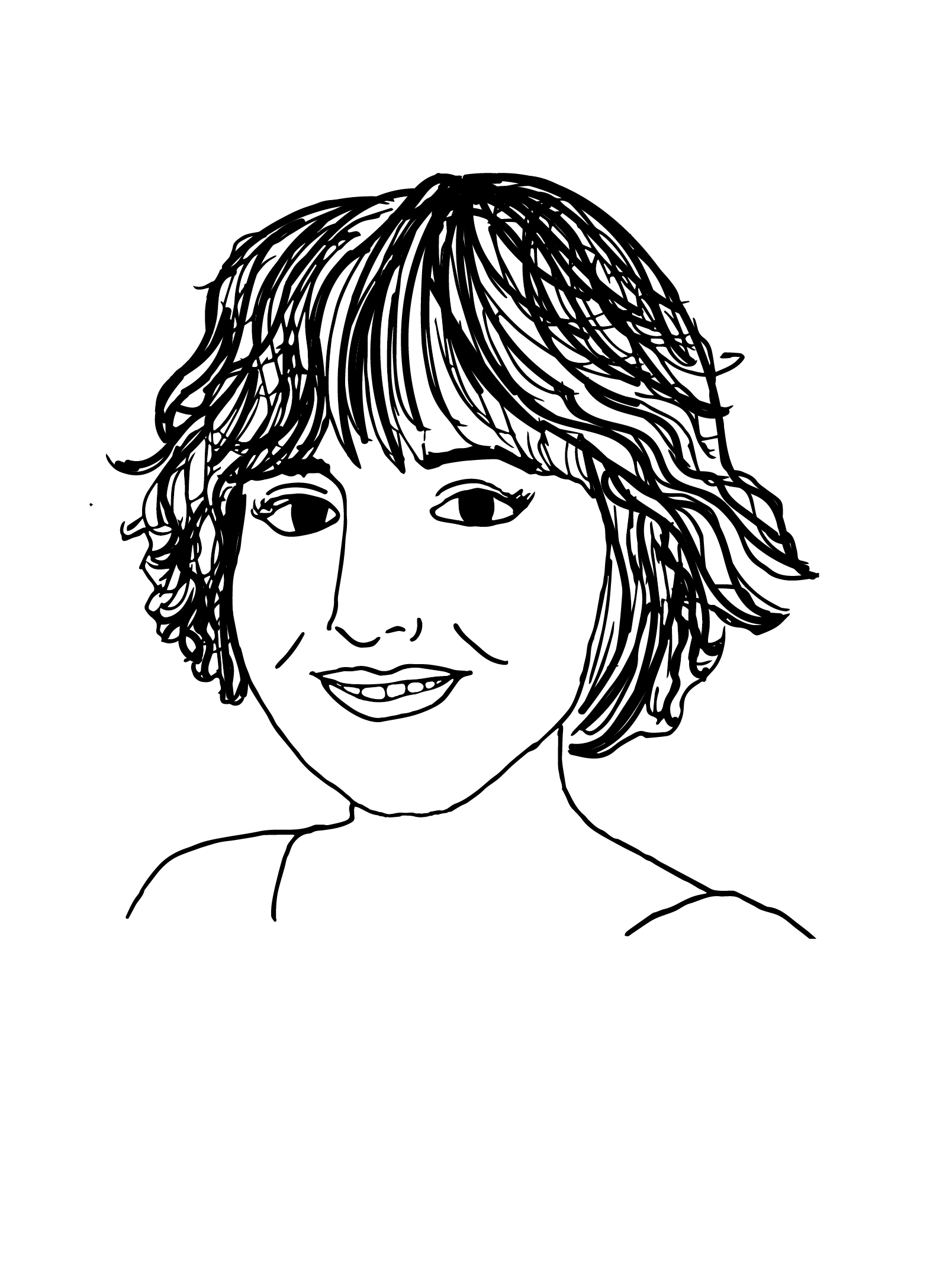 A black and white drawing of Jessica Shearer, a woman with a bob, smiling at the viewer in a three-quarter profile towards the left.
