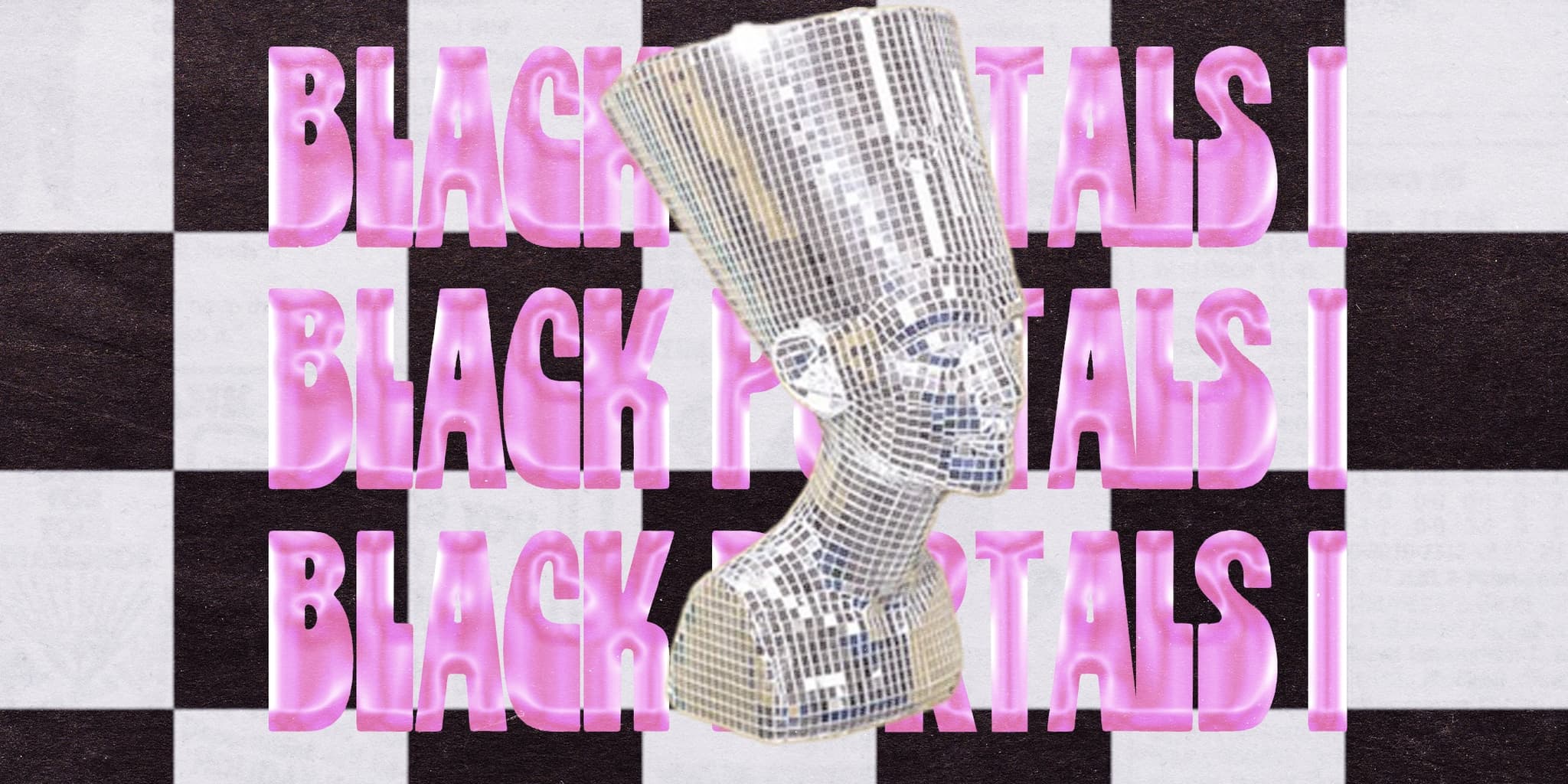 A flyer features a dazzling silver bust, pink lettering, and a checkered background.