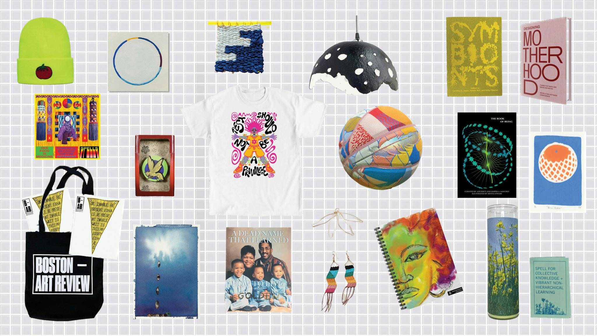 A display of holiday gifts to purchase, including a black BAR tote bag and a T-shirt.