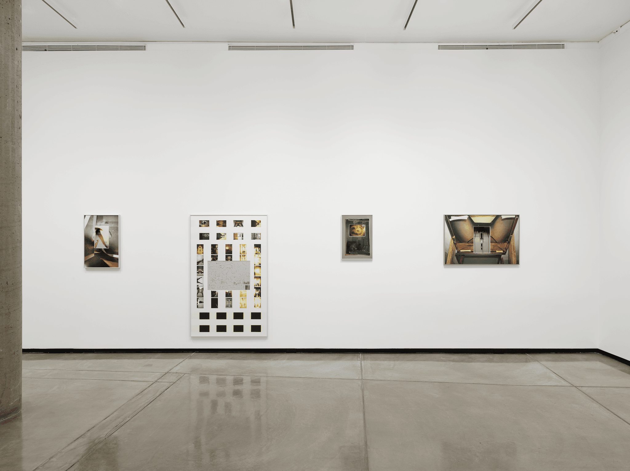 Four works of art by B. Ingrid Olson on display against a blank white wall.