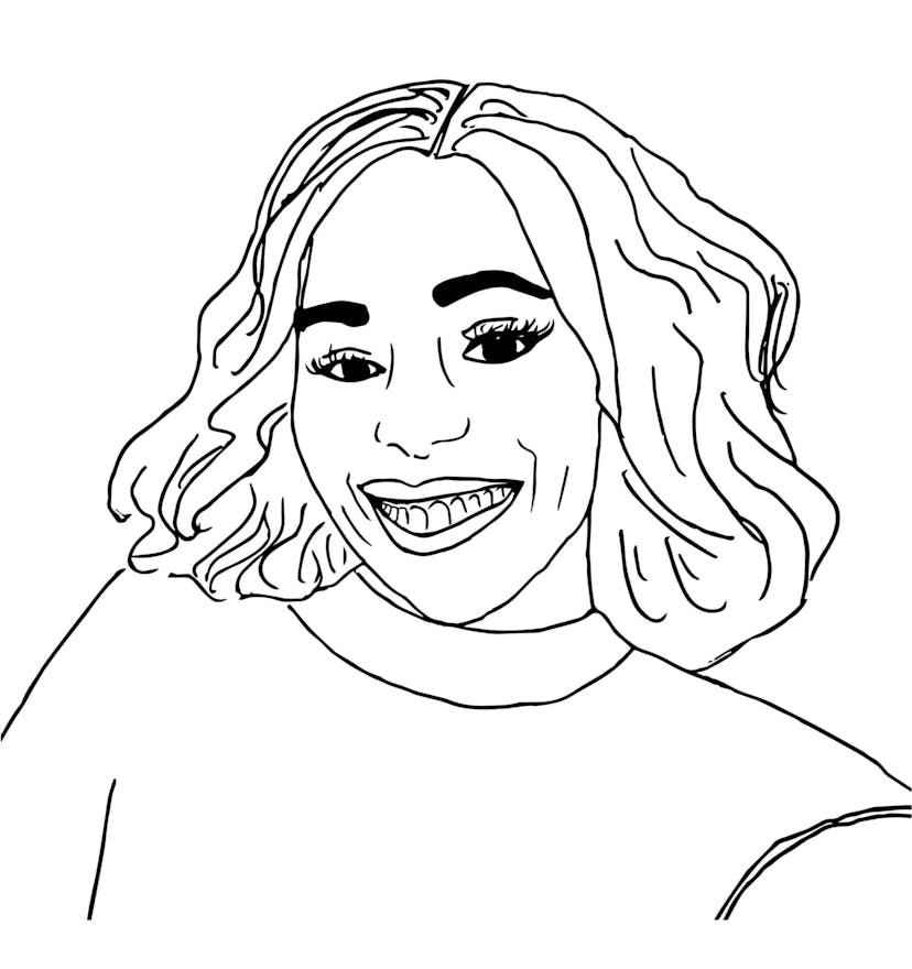 A black and white drawing of Niara Simone, a woman with shoulder-length hair, smiling at the viewer.