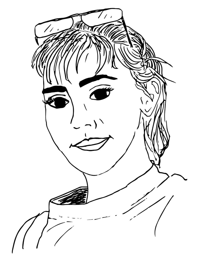 A black and white drawing of Gina Lindner slightly looking down at the viewer. Her hair is clipped behind her head and eyeglasses rest atop her forehead.
