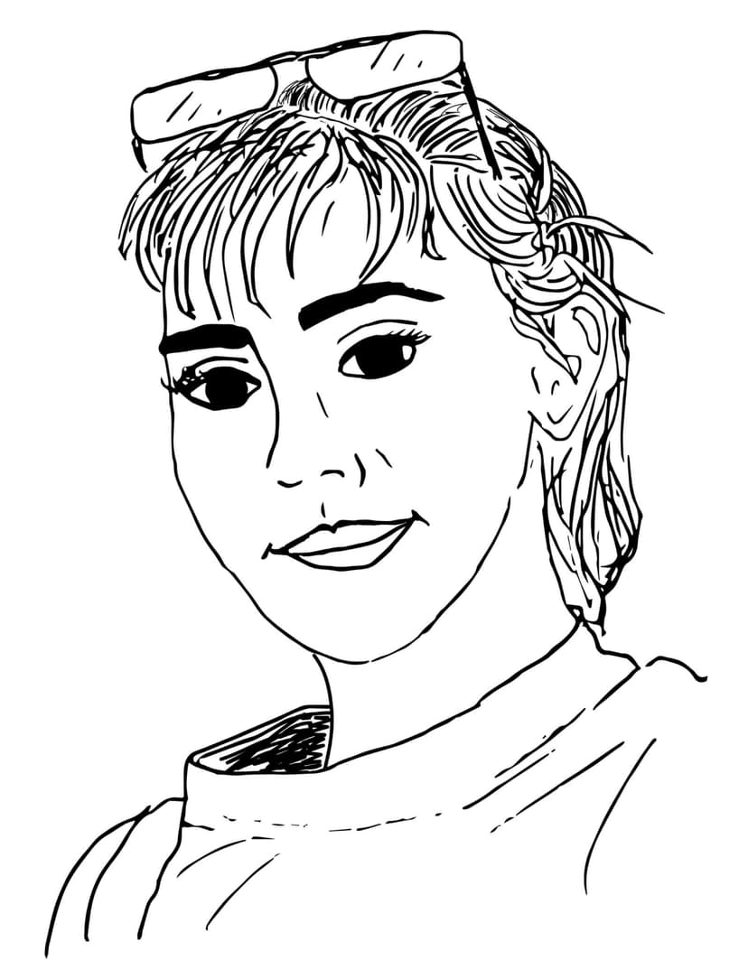 A black and white drawing of Gina Lindner slightly looking down at the viewer. Her hair is clipped behind her head and eyeglasses rest atop her forehead.