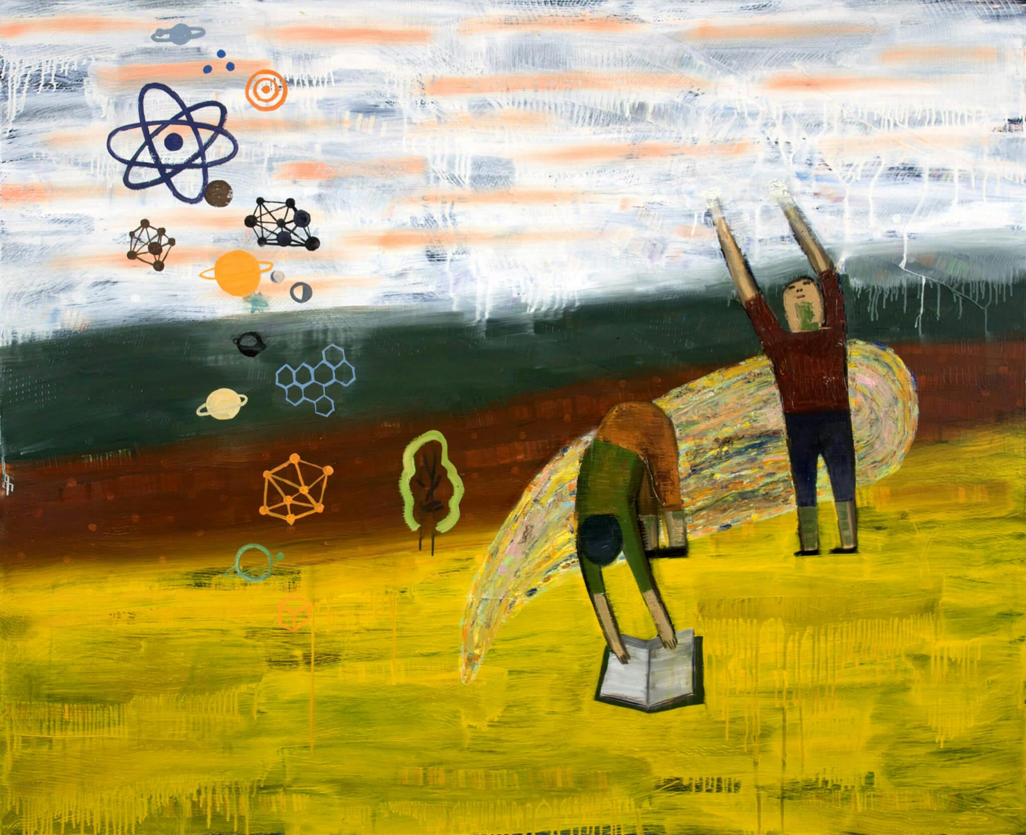 Charles Yuen's painting reveals two figures diving in opposite directions, while the structure of an atom hovers overhead, alongside other symbols.