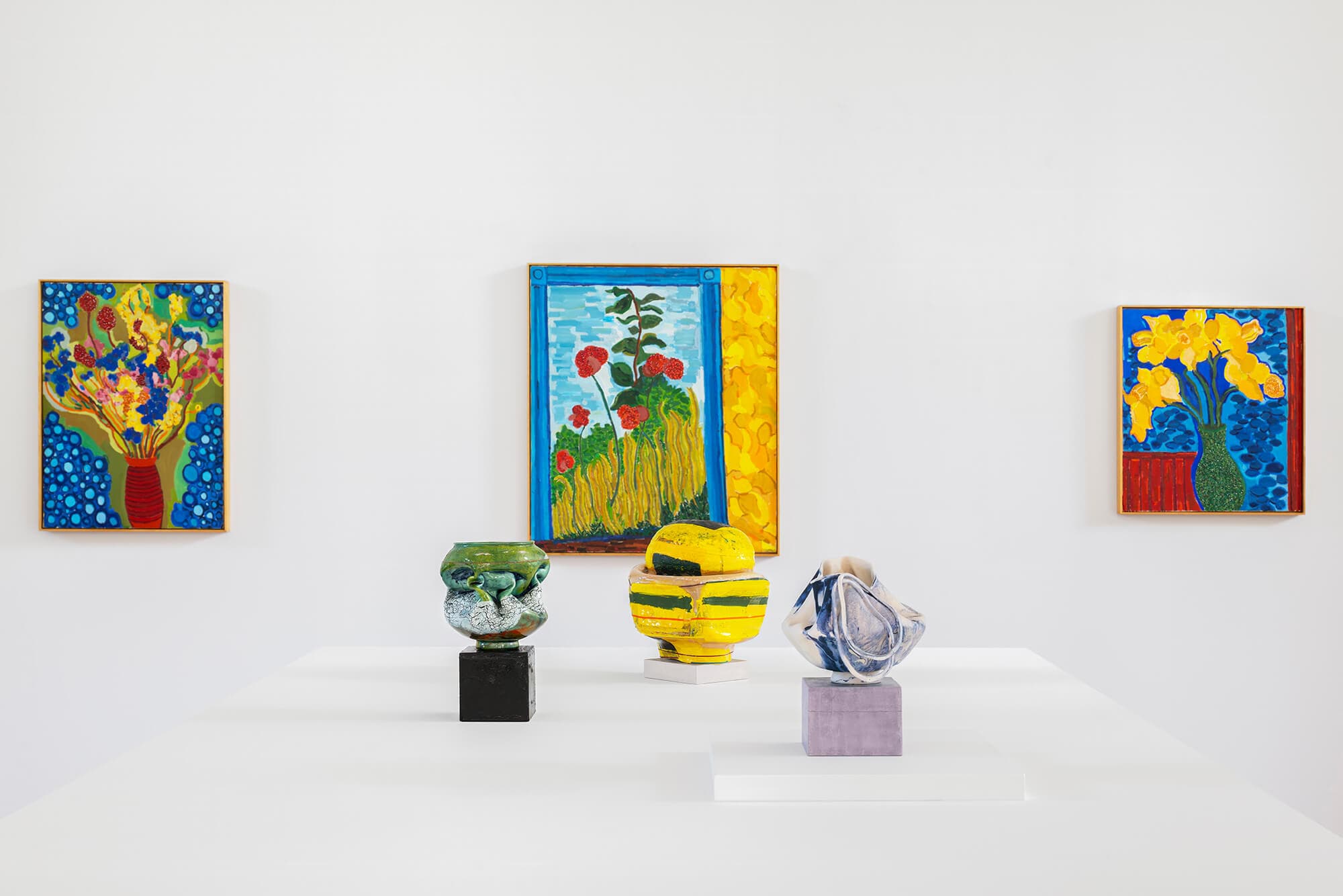 Installation view of "Kathy Butterly, Lynne Drexler, Marley Freeman" at Karma in Maine