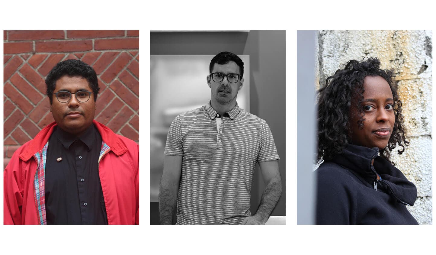 Headshots of Artadia awardees Luis Arnías, Juan José Barboza-Gubo, and Alison Croney Moses.