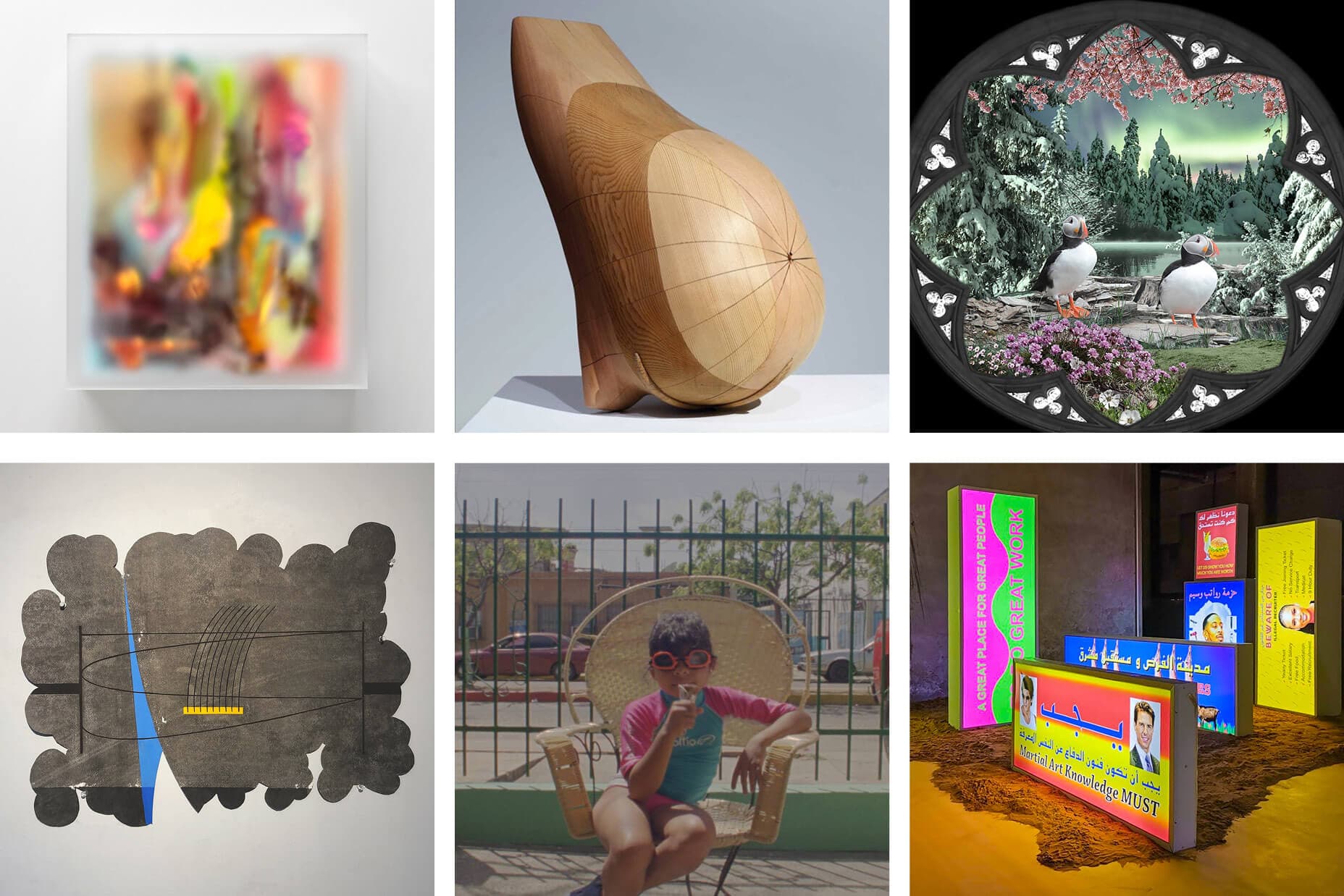 Works of art from Artadia finalists Juan José Barboza-Gubo, Alison Croney Moses, and Allison Maria Rodriguez.