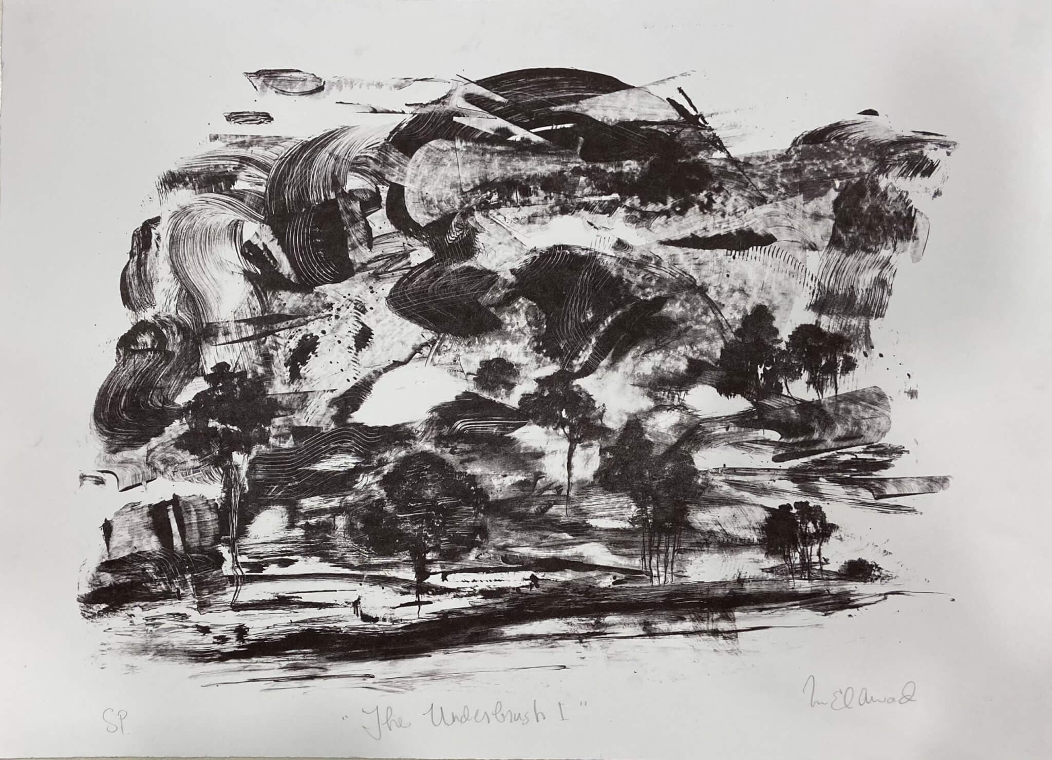 An abstract drawing using black designs set against a white background.