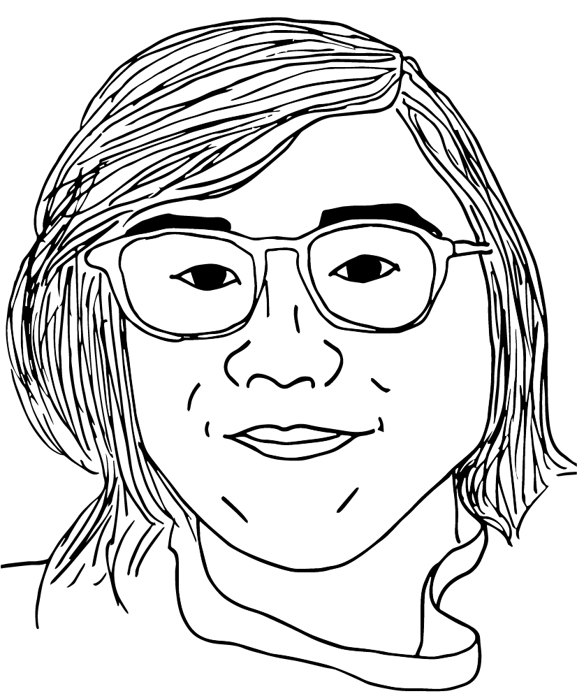 A black and white drawing of Toby Wu, a man with shoulder-length hair and glasses, smiling at the viewer.