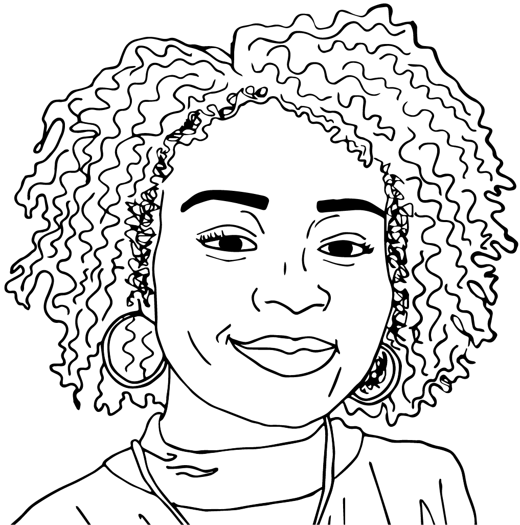 A black and white drawing of Alisa V. Prince smiling at the viewer. She sports a parted afro and circular earrings.