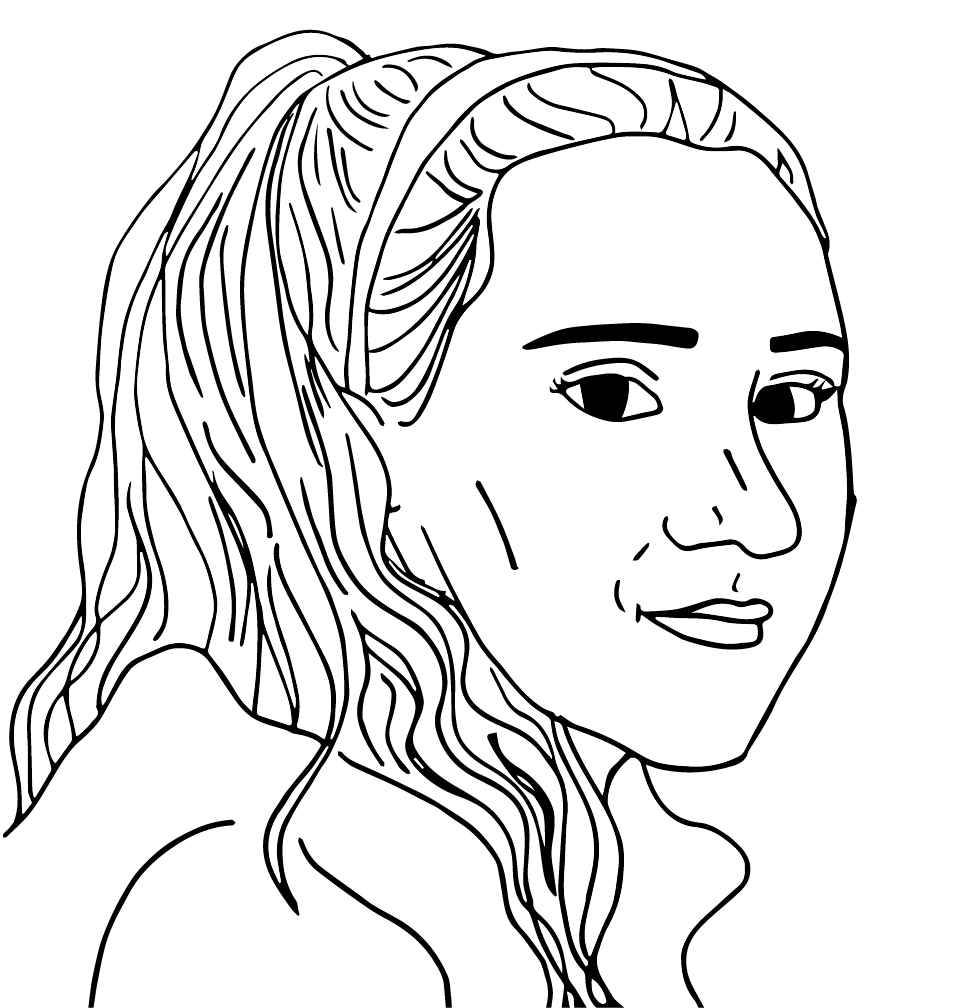 A black and white drawing of Shira Laucharoen looking over her right shoulder at the viewer. Her hair is tied into a ponytail with a headband securing the front.