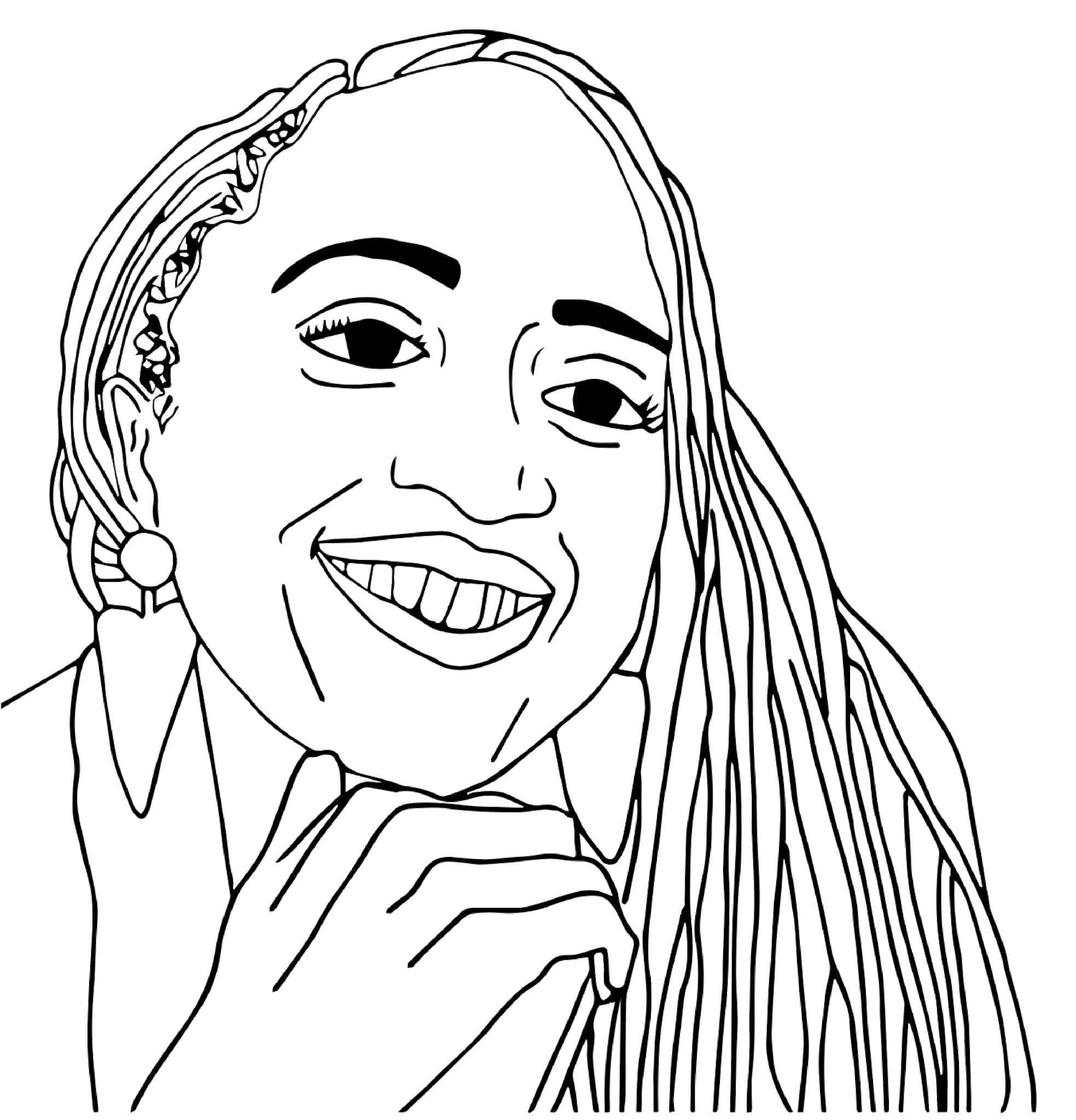 A black and white drawing of Jacquinn Sinclair smiling at the viewer. Her chin rests on her knuckles and her hair coils over the right side of her face.