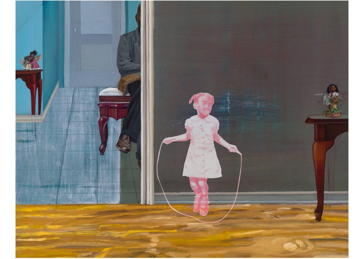A multimedia work depicting a little girl screen-printed pink, jump-roping in a living room. To her left cut off by a doorway, is an older person sitting on a bench, crossing their legs.